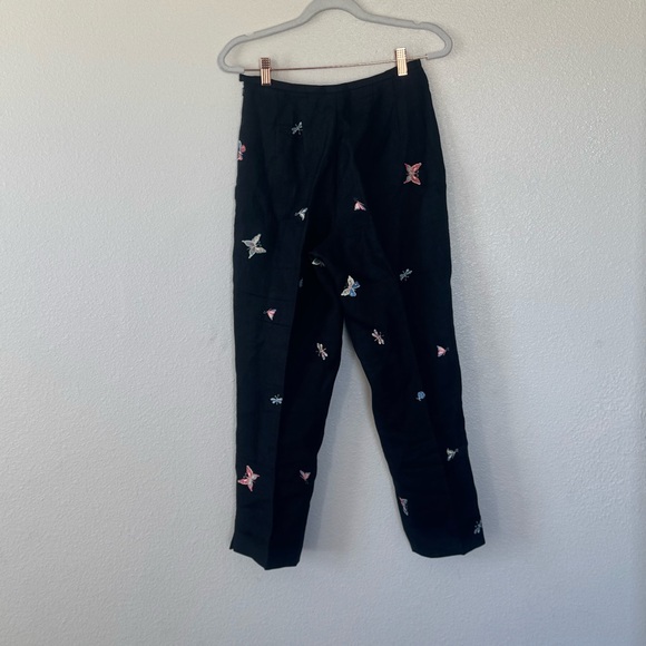 Talbots Black Irish Linen Embroidered Butterfly Tapered Pants 100% Linen 4 P - Picture 3 of 8